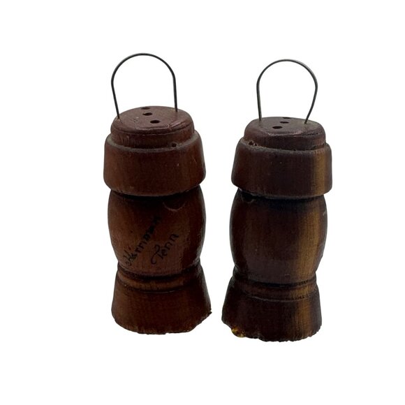 Vintage Wooden Salt And Pepper Shaker Set With Metal Handles Farmhouse Kitchen - Picture 1 of 3